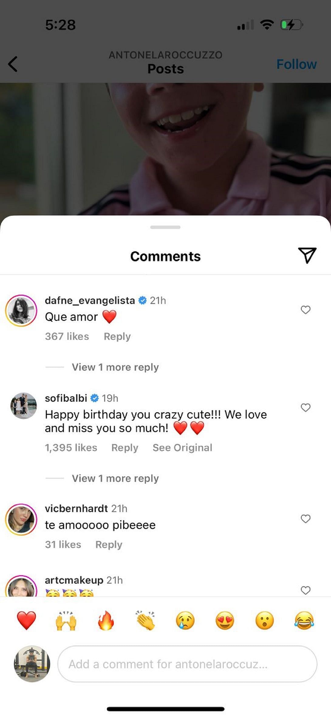 Sofia Balbi reacts to Antonella Rocuzzo's birthday post for Mateo